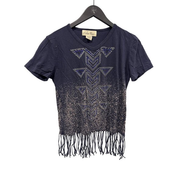 Cedar Rose Studded Fringe T Shirt Size Large V Neck Navy Blue Boho Aztec Western - Picture 1 of 6